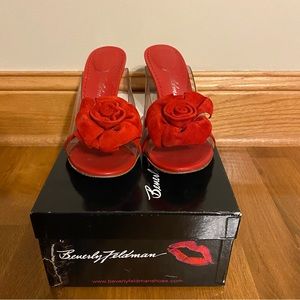 Beverly Feldman Forever High Heel Rose Slide Sandal Red Suede